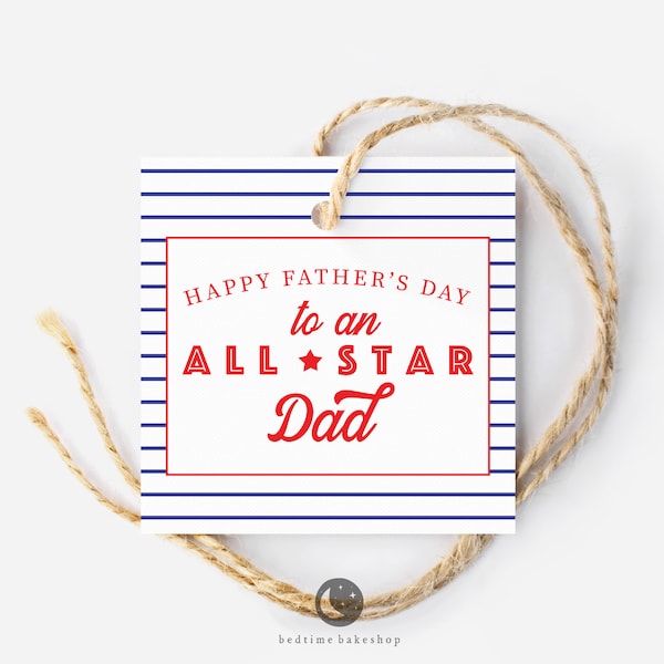 Printable 2" Square Cookie Tag -  All Star Dad Baseball Happy Father's Day Square  Tag Goodie tag -2"