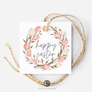 Printable Easter Cookie Tag - Happy Easter Tulip Wreath Watercolor Square -2" Easter Spring Gift Tag