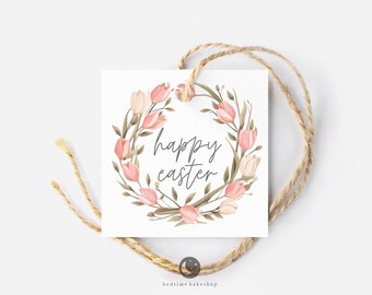 Printable Easter Cookie Tag - Happy Easter Tulip Wreath Watercolor Square -2" Easter Spring Gift Tag