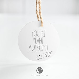 May include: White round tag with black text that reads "You're Plane Awesome!" with a small paper airplane illustration. The tag is hanging from a twine string.