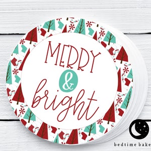 Printable Christmas Cookie Tag - Merry & Bright Red and Teal Trees Cupcake Topper Christmas Winter Tag Christmas Cookie Tag Goodie tag -2"