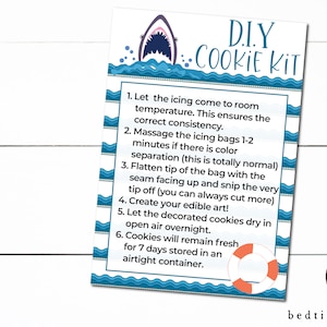 Printable Summer Shark Week DIY Cookie Kit Instruction Card Black Piping Bag- 3.5" x 5"- Cookie Decorating Kit Cookie Tag - Cookies