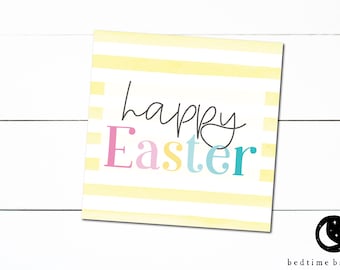 Printable Easter Cookie Tag - Happy Easter Minimalist Yellow Watercolor Stripes Square -2" Easter Spring Gift Tag