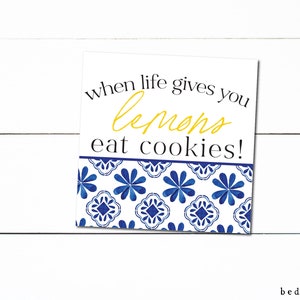 Étiquette à biscuits carrée imprimable de 2 po. - Vichy bleu citron quand la vie vous donne Lemons Eat Cookies Étiquette carrée Étiquette cadeau : 2 po.
