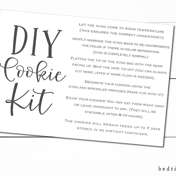 Printable Spring DIY Cookie Kit Instruction Card  - 3.5" x 5"- Printable Cookie Tag - Cookies- Simple DIY Cookie Card