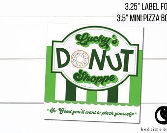 Printable 3.25" Square Mini Pizza Box Label - Lucky's Donut Shoppe Saint Patrick's Day Donut Cookies Square  Tag Goodie tag -3.25"
