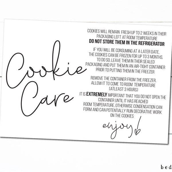 Printable Cookie Care Freezing Instruction Card - 3.5" x 5"-Freezing Cookie Tag NEW WORDING - Cookies