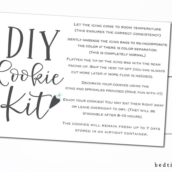 Printable Spring DIY Cookie Kit Instruction Card Black Piping Bag- 3.5" x 5"- Cookie Decorating Kit Cookie Tag - Cookies