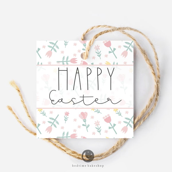 Printable Easter Cookie Tag - Happy Easter Spring Flowers Square -2" Easter Spring Gift Tag