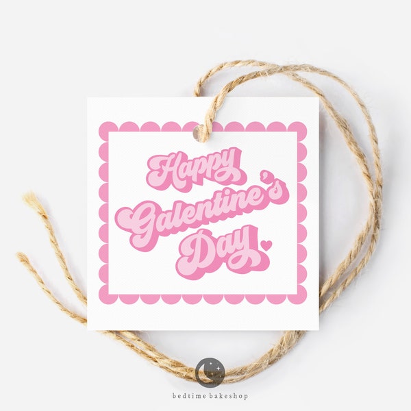 Printable Galentine's Day Cookie Tag -Happy Galentine's Day Retro Pink Scalloped Square 2" Galentine's Day Gift Tag