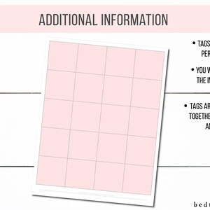 May include: A sheet of printable tags with a light pink background and a grid pattern. The sheet is 8.5 inches by 11 inches and contains 20 tags. The text "TAGS ARE ARRANGED 20 PER 8.5" X 11" SHEET" is visible on the right side of the image.