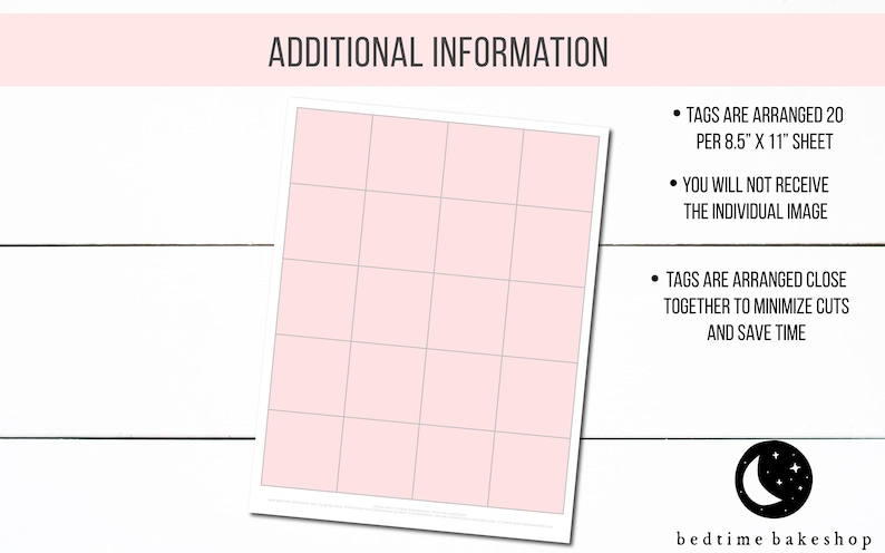 May include: A sheet of printable tags with a light pink background and a grid pattern. The sheet is 8.5 inches by 11 inches and contains 20 tags. The text "TAGS ARE ARRANGED 20 PER 8.5" X 11" SHEET" is visible on the right side of the image.