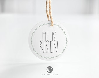 Printable 2" Round Easter Cookie Tag - Happy Easter He is Risen Gingham Greenery Tag Spring Cookie Packaging