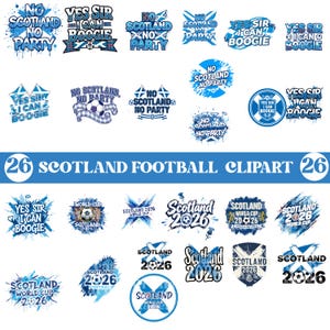 Könnte beinhalten: Eine Sammlung von 26 Clipart-Designs zum Thema schottischer Fußball in Blau- und Weißtönen. Die Designs enthalten Texte wie "No Scotland No Party", "Yes Sir I Can Boogie" und "Scotland 2026 World Cup".