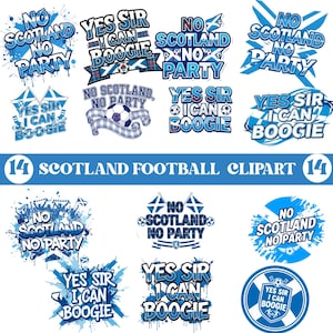 Può includere: Una collezione di 14 clipart di calcio scozzese blu e bianco. I disegni includono testi come "No Scotland No Party" e "Yes Sir I Can Boogie", insieme a grafiche di bandiere e palloni da calcio scozzesi.