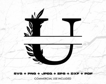 Floral Letter U Svg Split Letter Svg Split Letter svg Pdf Jpeg Sublimation File, Pretty Letter U svg, Letter U Svg, Split alphabet SVG U Svg