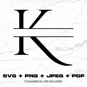 Puede incluir: Letra monograma negra "K" con una línea horizontal en el medio, sobre un fondo con textura de mármol. Debajo de la letra están las palabras "SVG + PNG + JPEG + PDF" y "COMMERCIAL USE INCLUDED".