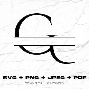 以下が含まれることがあります： 黒と白の分割モノグラムデザイン、文字「G」。文字は水平線で区切られています。文字の下には「SVG + PNG + JPEG + PDF」と「COMMERCIAL USE INCLUDED」というテキストがあります。