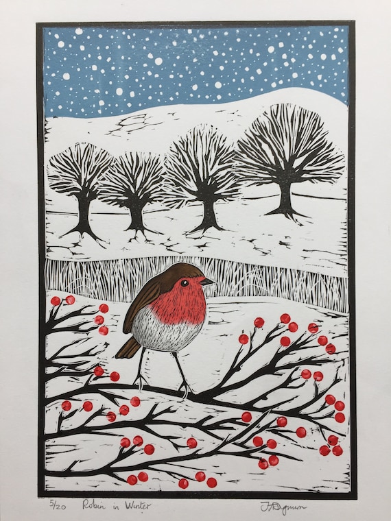 Limited edition handmade Linocut print. Robin in the Winter