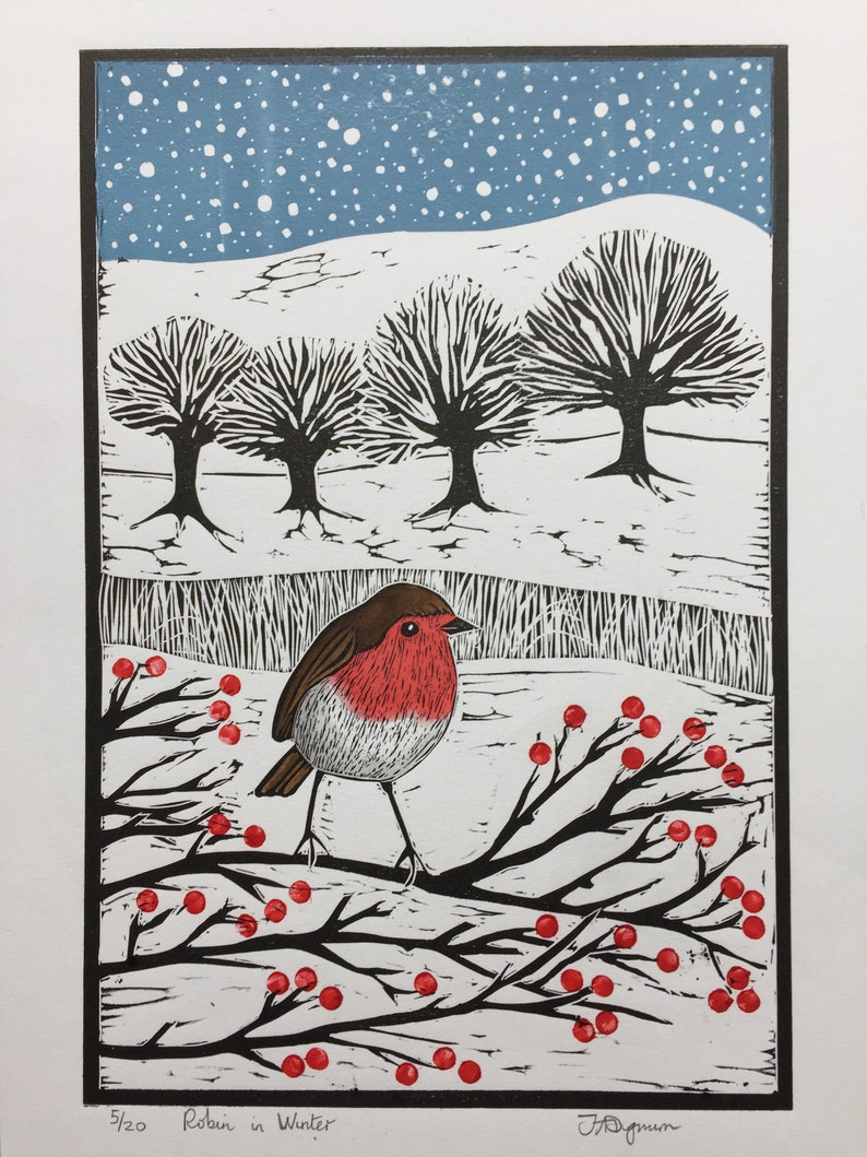 Limited edition handmade Linocut print. Robin in the Winter Etsy