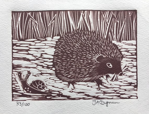 Limited edition handmade Linocut print. Hedgehog and Snail