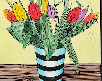 Limited edition, handmade Linocut  print. Tulips in a blue vase.