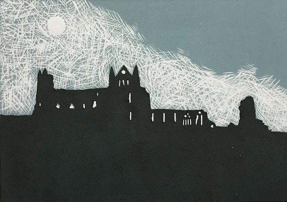 Limited edition handmade Linocut print. Whitby Abbey