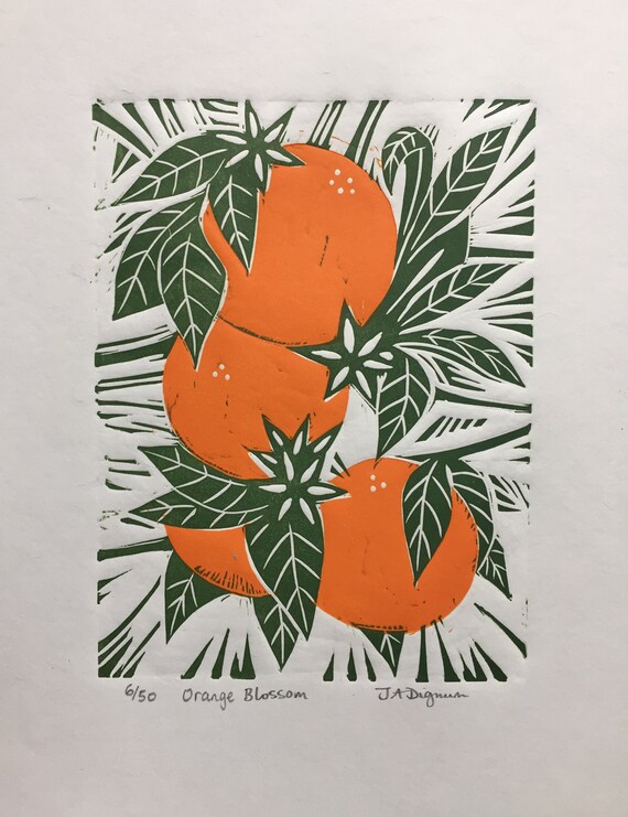 Limited edition handmade Linocut print.Orange Blossom.