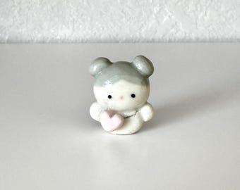 Handmade Porcelain Mini Figure with Pink Heart Accessory / Ceramics