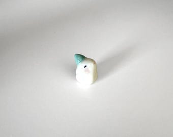 Tiny Sitting Porcelain Bunny w. Teal Party Hat/ Ceramics / Clay Animals
