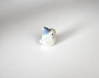 Small Sitting Porcelain Bunny w. Blue Party Hat/ Ceramics / Clay Animals