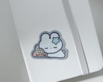 Sleepy Bunny Glitter Sticker / Weatherproof Vinyl Sticker