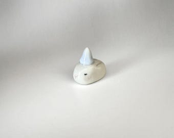 Small Porcelain Bunny w. Baby Blue Party Hat/ Ceramics / Clay Animals