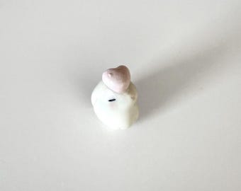 Porcelain Bunny Ears Down w. Pink Heart / Ceramics / Clay Animals