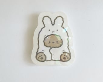 Cozy Bear Vinyl Sticker: White Bunny Blanket, Weatherproof