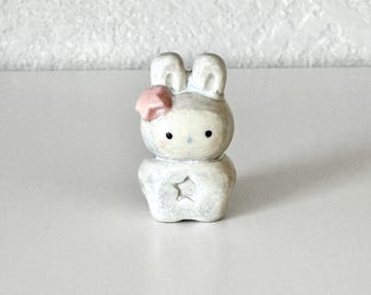 Handmade Porcelain Mini Bunny Figure with Pink Star / Muted Pastel Grey Color / Ceramics
