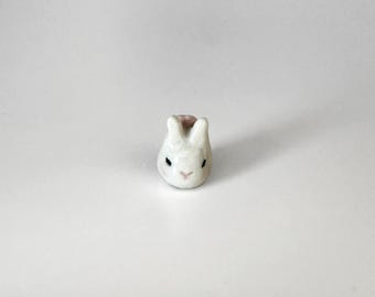Tiny Porcelain Round Bunny w. Pink Heart / Ceramics / Clay Animals