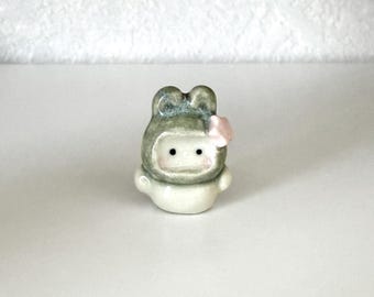 Handmade Porcelain Mini Bunny Figure with Pink Star Accent / Ceramics