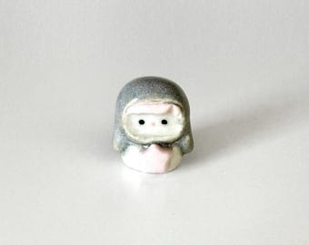 Handmade Porcelain Mini Figure w. Bunny Ears & Pink Star / Ceramics