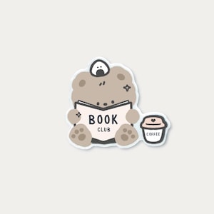 Club de lecture & Coffee Bear w. Onigiri | Autocollants résistants aux intempéries en vinyle mat pour ordinateurs portables, bouteilles, journaux, agendas | Ours mignon et boule de riz