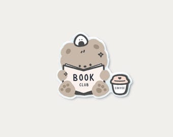 Book Club & Coffee Bear w. Onigiri | Weatherproof Matte Vinyl Stickers for Laptops, Bottles, Journals, Planners | Cute Bear and Rice Ball