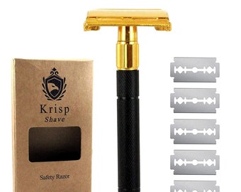 Double Edge Safety Razor Long Handled For Men Women - Butterfly Open Shaving Razor For Beard Legs Arm Shaving + 5 Shaving blades Gold