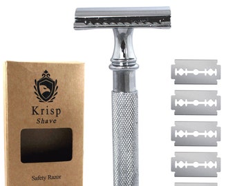 Stainless Steel Classic Heavy Duty 4.2" Long Handle Double Edge Safety Razor For Men Beard Wet Shave Cut Throat + 10 Shaving Blades