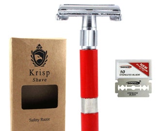 Professional Long Handled Stainless Steel Butterfly Open Safety Razor Twist To Open For Men Women Shaving + 5 Shave Blades Red