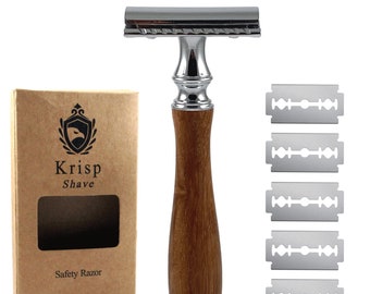 Wooden Handle 4.5" Long Barber Cut Throat Shavette DE Double Edge Safety Razor For Men Husband Father Women Wet Shave + 5 Shaving Blades