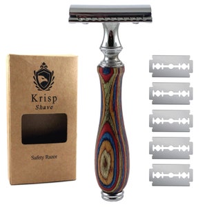 Walnut Wood Long Handle Double Edge DE Safety Razor For Men Women Wet Shave + 5 Shaving Blades Made in Germany
