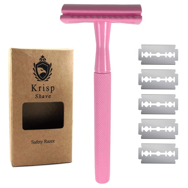 Stainless Steel (4.5") inch Long Handle Safety Razor For Women Wet Legs Arms Bikini Shaving + 5 Shave Blades Pink Made in Germany