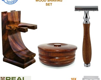 3 Pc Wooden Shaving Set Kit For Men Husband Father Boyfriend - Double Edge Safety Razor, Wood Stand for Brush & Razor, Shaving Mug Bowl Cup