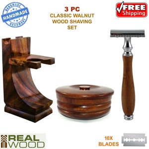 3 Pc Wooden Shaving Set Kit For Men Husband Father Boyfriend - Double Edge Safety Razor, Wood Stand for Brush & Razor, Shaving Mug Bowl Cup