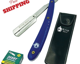 Beard Wet Cut Throat Swing Lock Straight Barber Shaving Razor Rasoir + 100 Derby Blades Blue